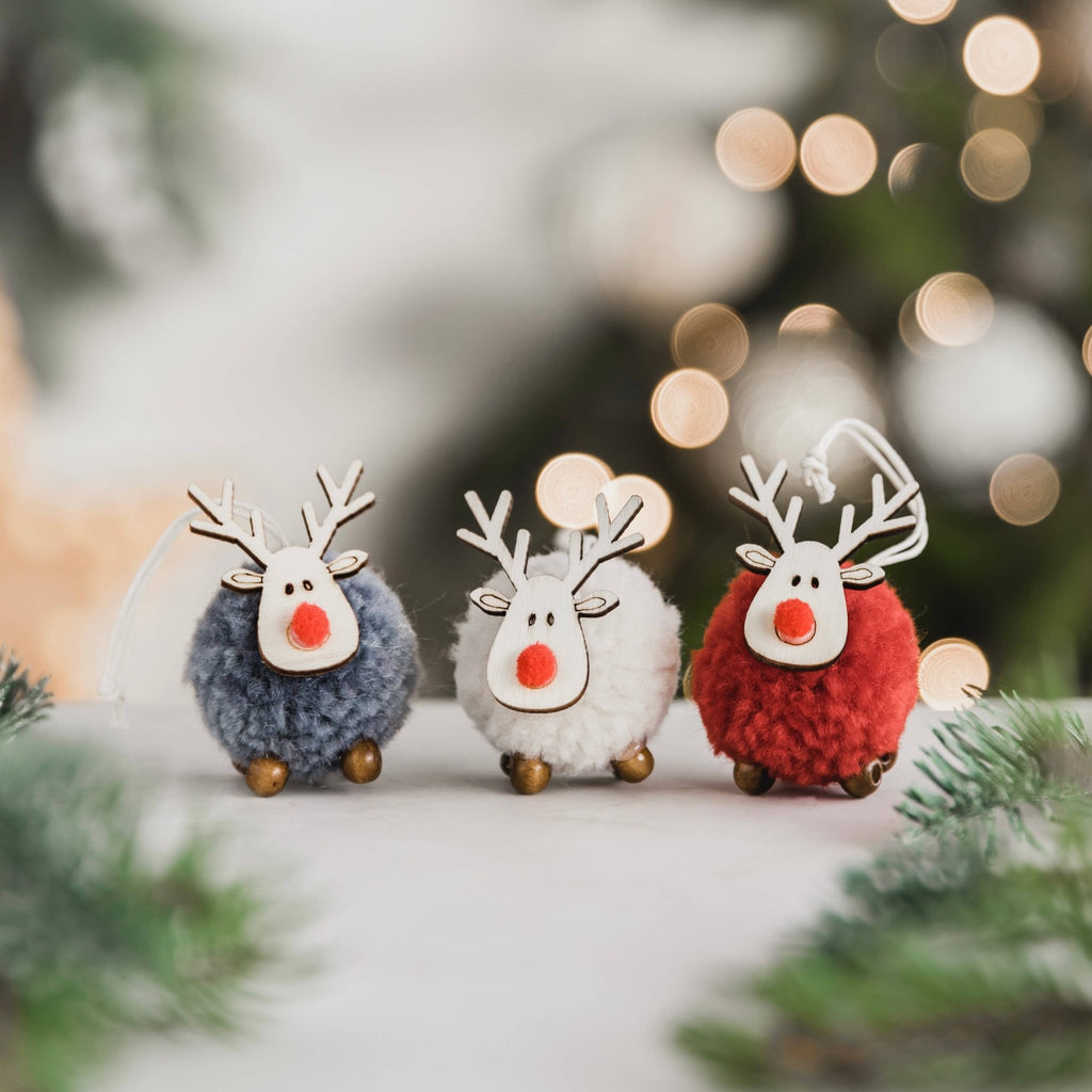 Cute Christmas Pom Pom - Wooden Reindeer Decoration - Cream - Distinctly Living