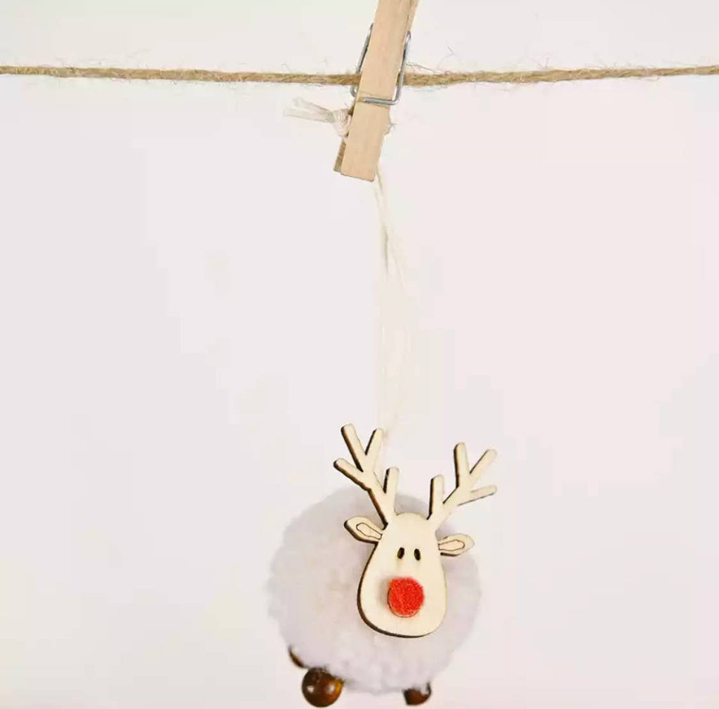 Cute Christmas Pom Pom - Wooden Reindeer Decoration - Cream - Distinctly Living