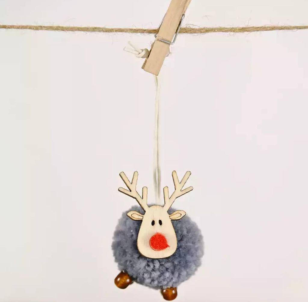 Cute Christmas Pom Pom - Wooden Reindeer Decoration - Cream - Distinctly Living