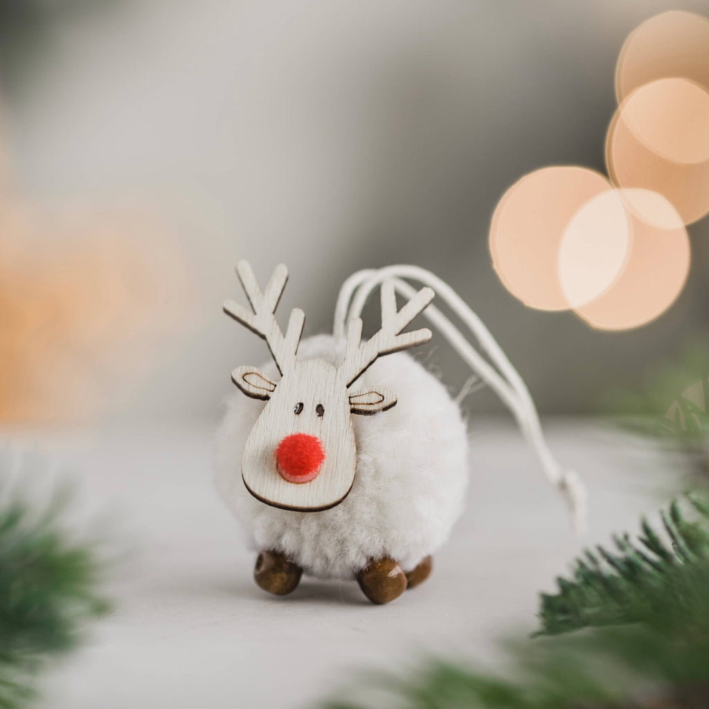 Cute Christmas Pom Pom - Wooden Reindeer Decoration - Cream - Distinctly Living