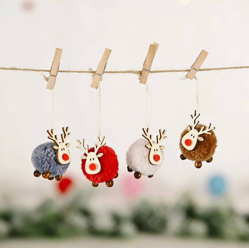 Cute Christmas Pom Pom - Wooden Reindeer Decoration - Cream - Distinctly Living