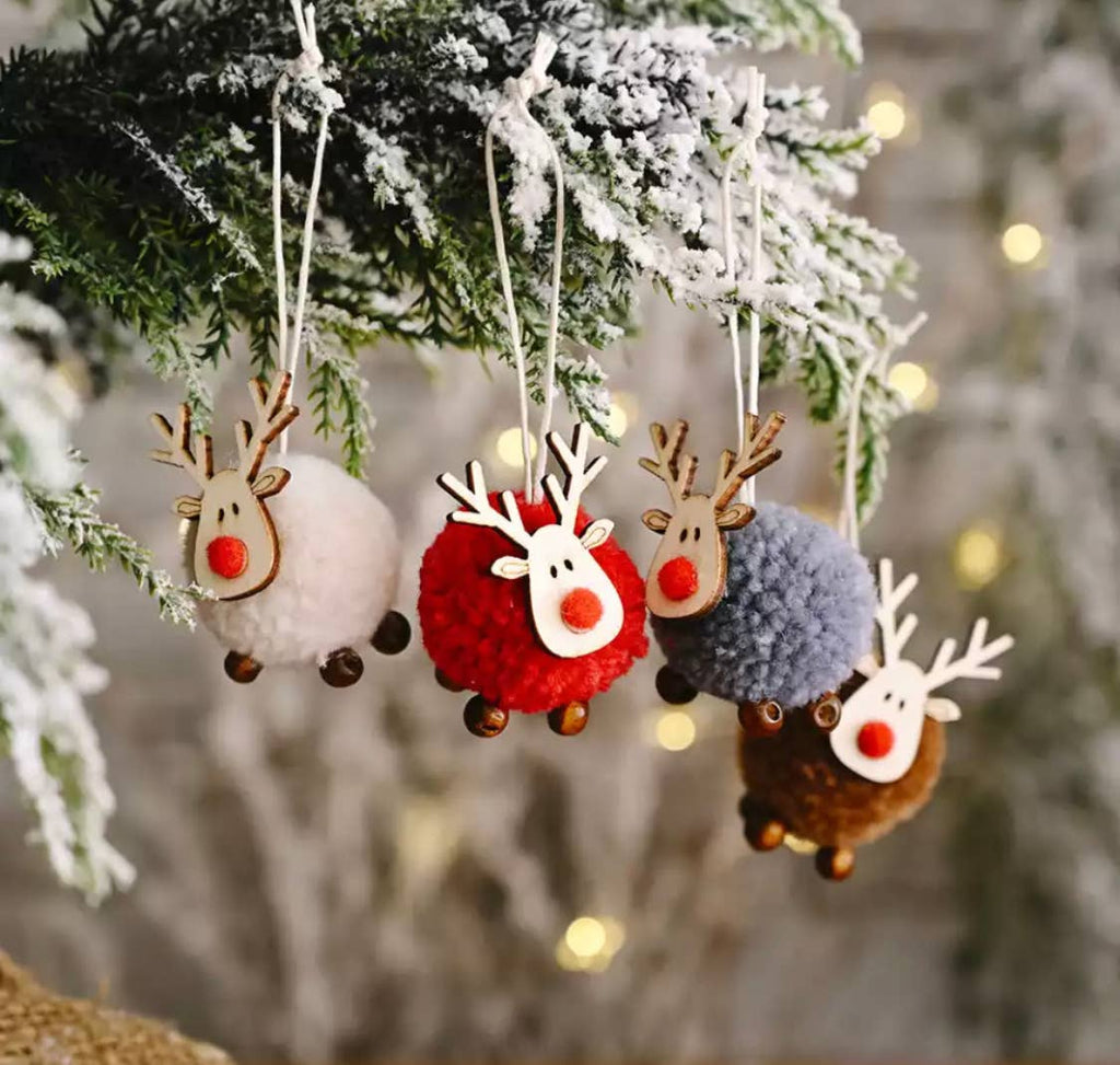 Cute Christmas Pom Pom - Wooden Reindeer Decoration - Cream - Distinctly Living