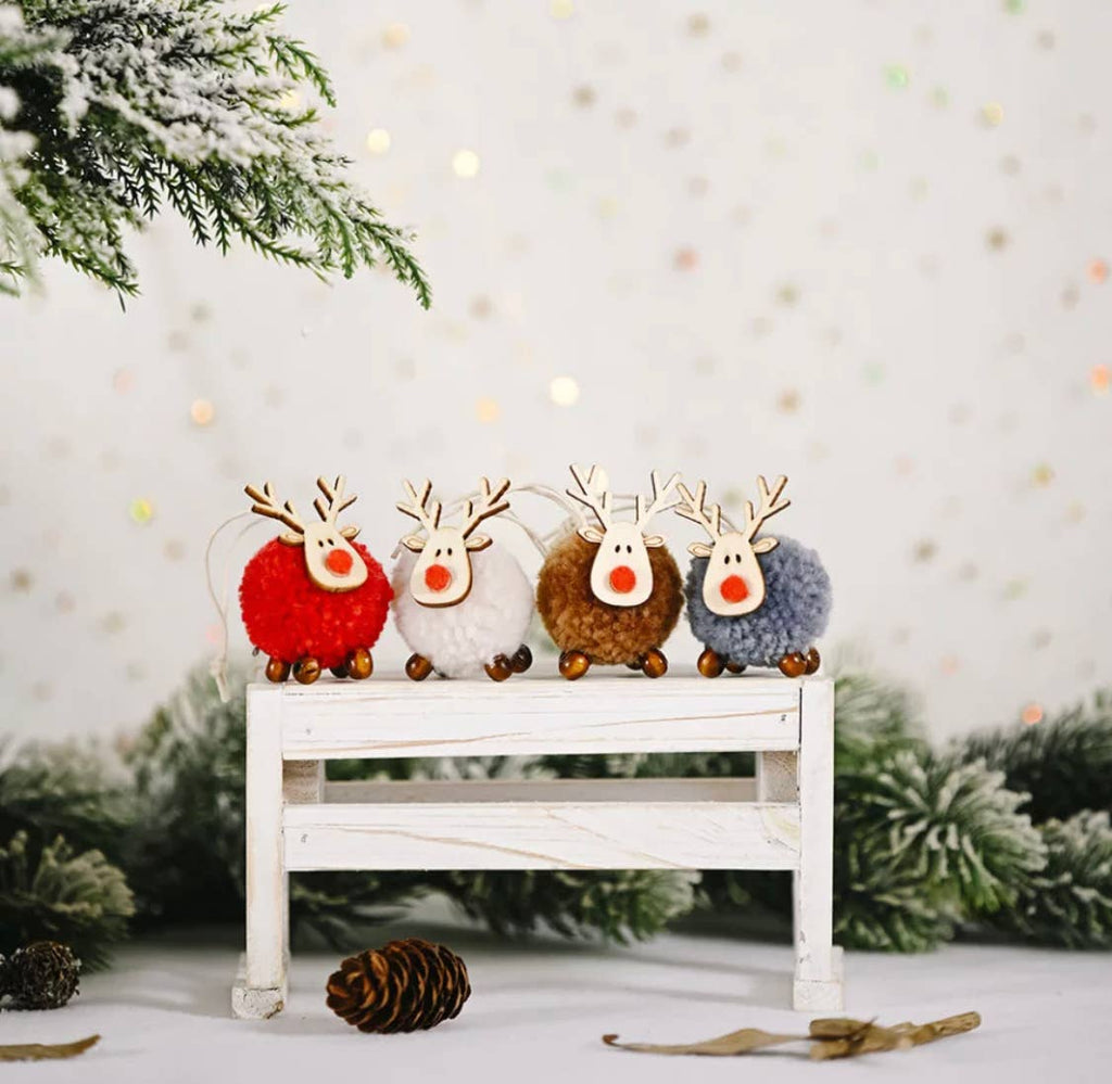 Cute Christmas Pom Pom - Wooden Reindeer Decoration - Cream - Distinctly Living