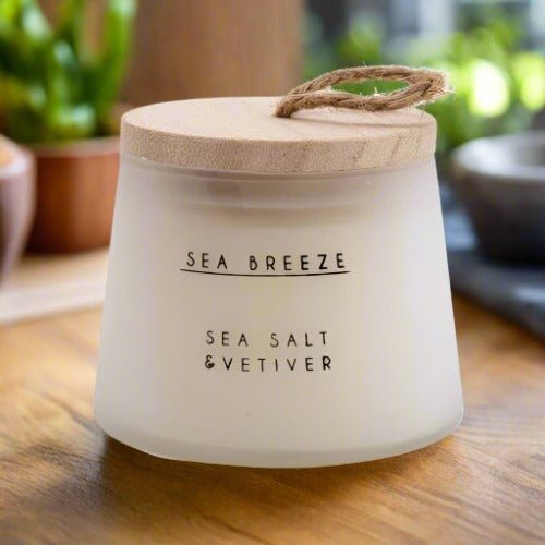 Large Wax Filled Frosted Glass Pot with Wooden Lid Candle Sea Salt Scent - Distinctly Living