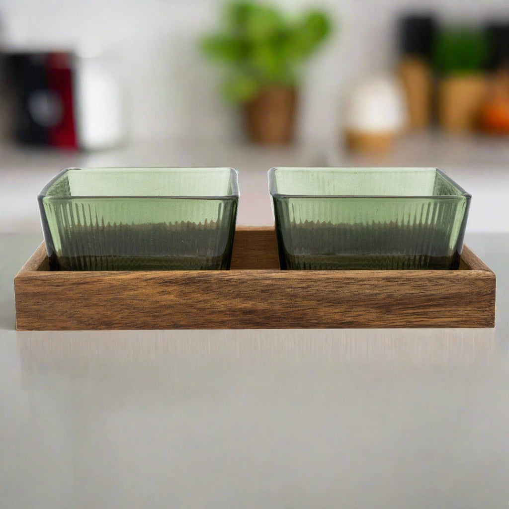 Set of 2 Green Glass Nibble Dishes on Tray - Distinctly Living