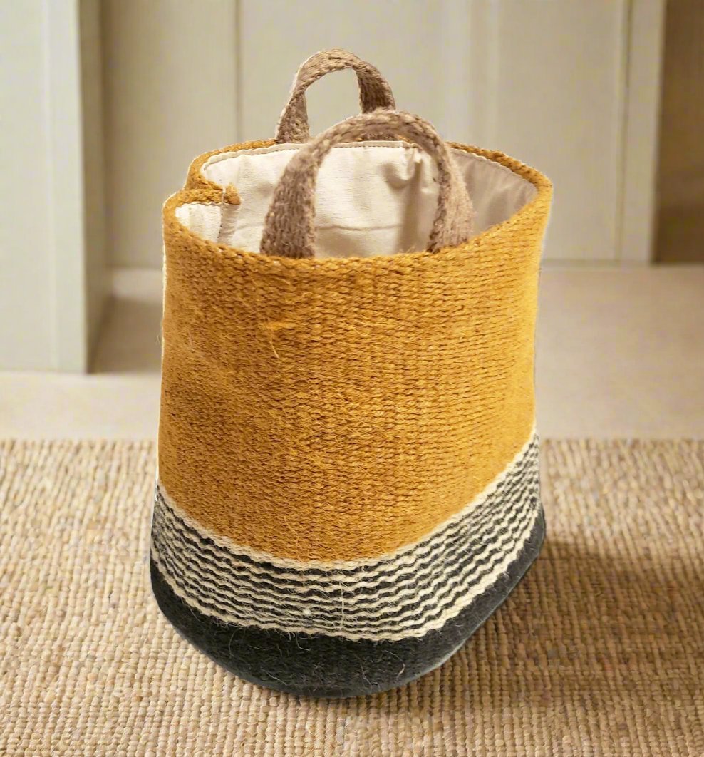 Small Jute Storage Basket - Mustard, Black and White - Distinctly Living