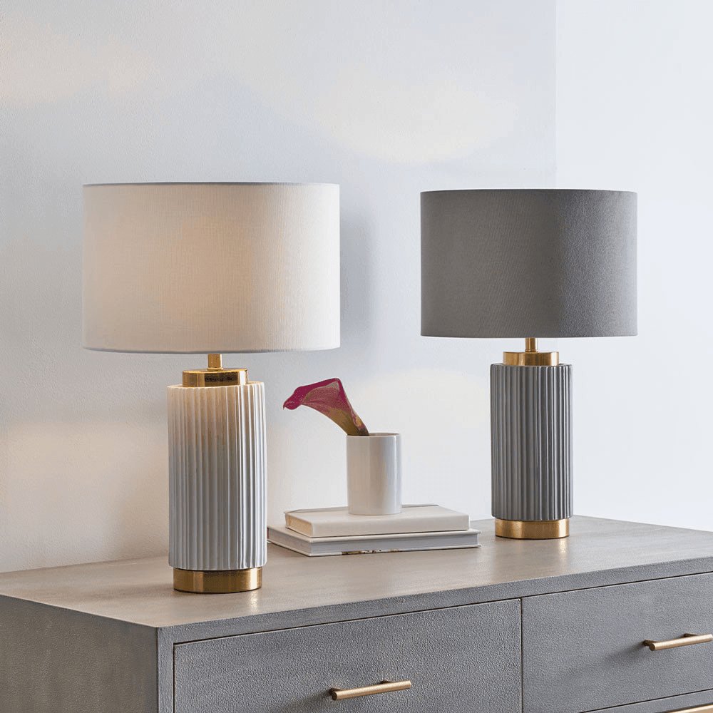 Waves White Ceramic Table Lamp and Shade With Brass Details - Distinctly Living