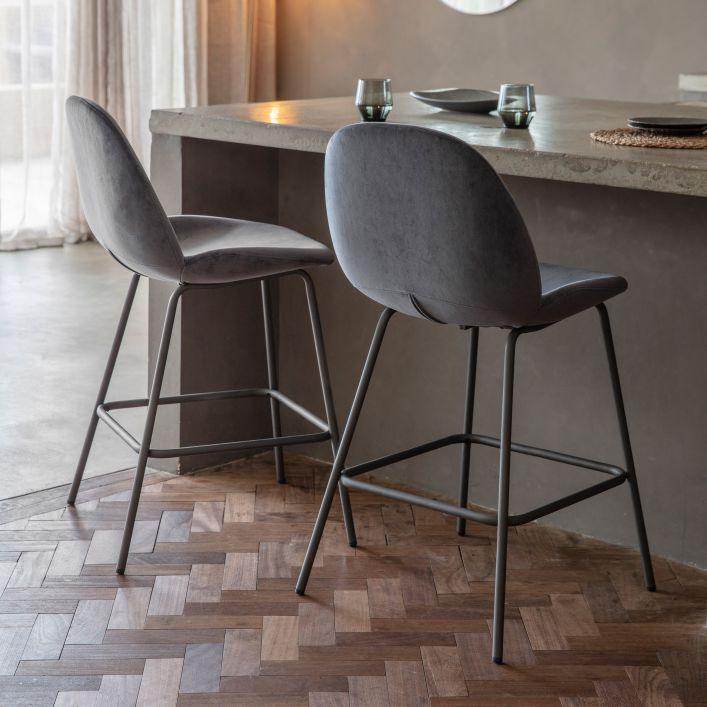 A Pair of Soft Velvet Barstools - Dark Grey, Light Grey, Black, Brown and Green - Distinctly Living 