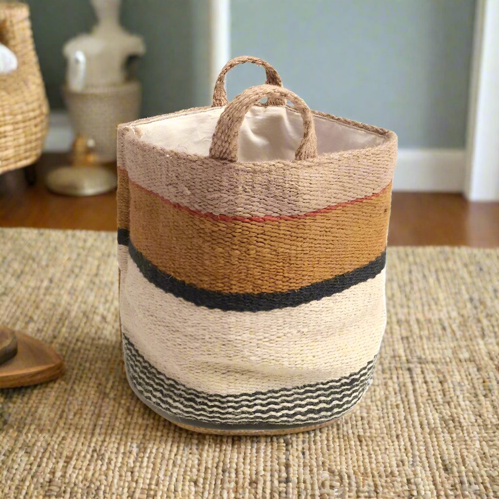 20cm Jute Storage Bag - Mustard and White with Black Stripes - Distinctly Living 